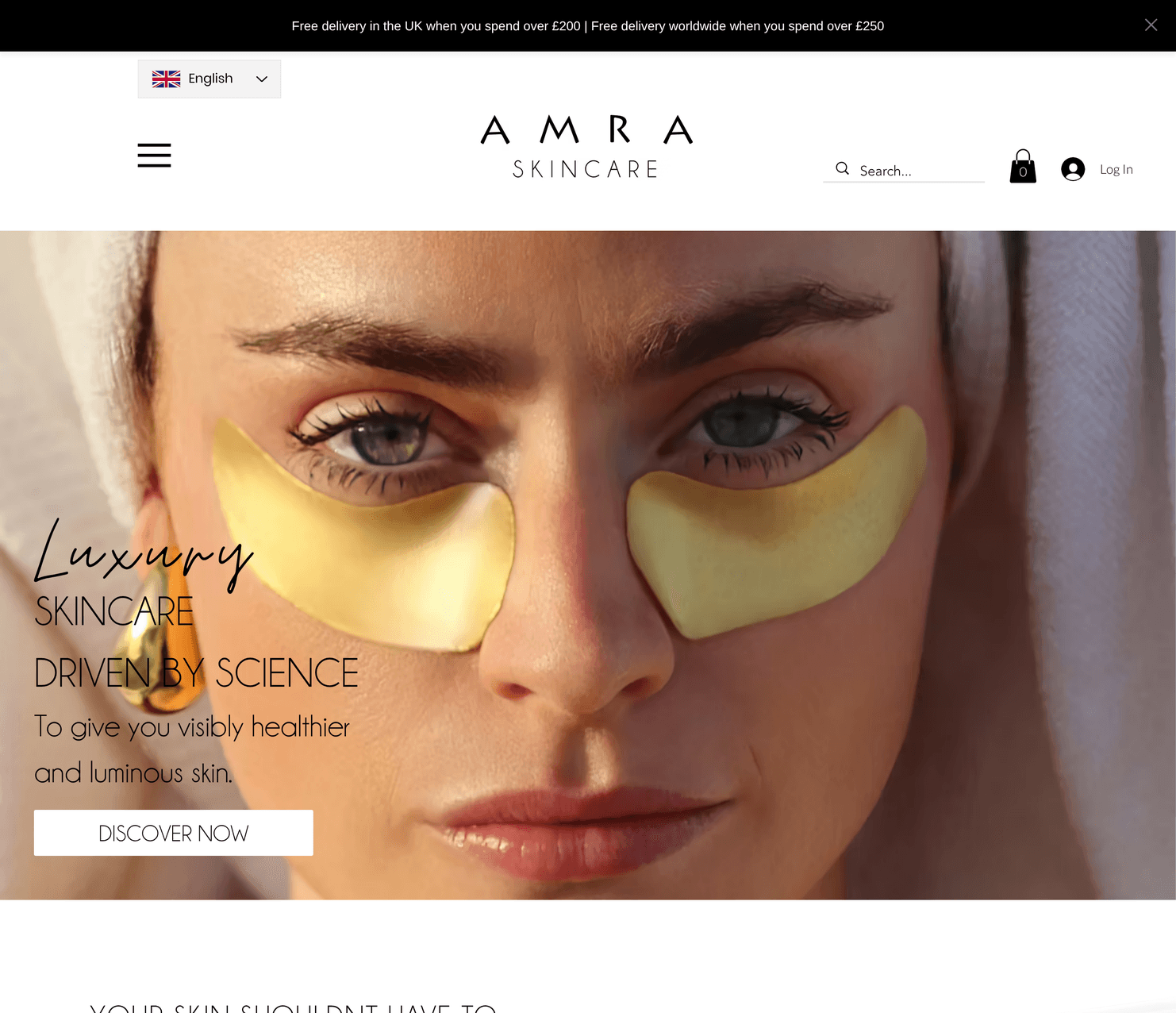 The Amra Skincare home page: “Luxury skincare driven by science”