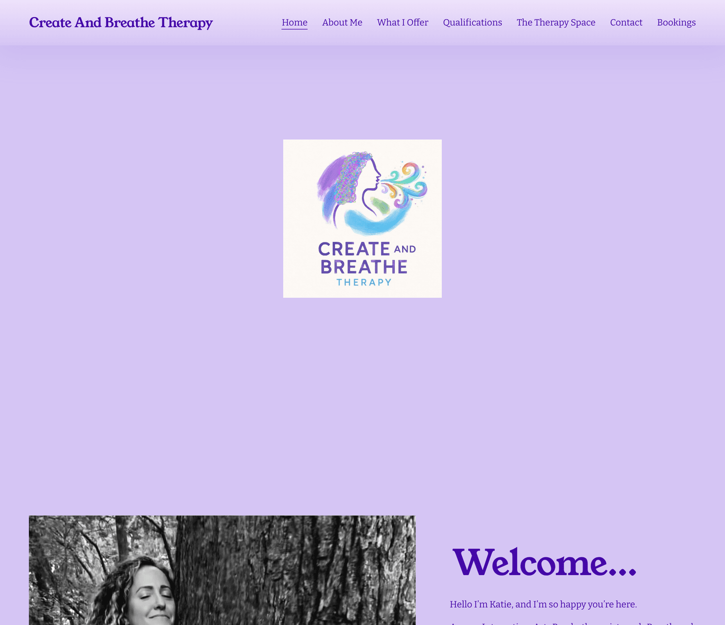 The Create & Breathe Therapy home page, with its logo on a lilac background