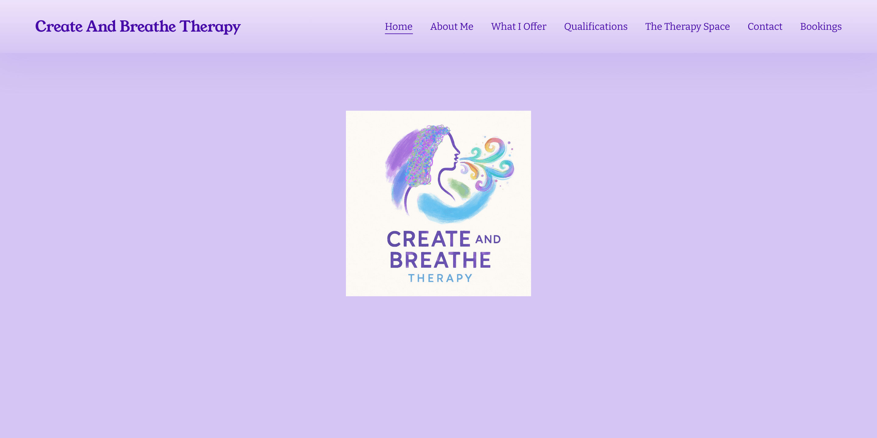 The Create & Breathe Therapy home page, with its logo on a lilac background