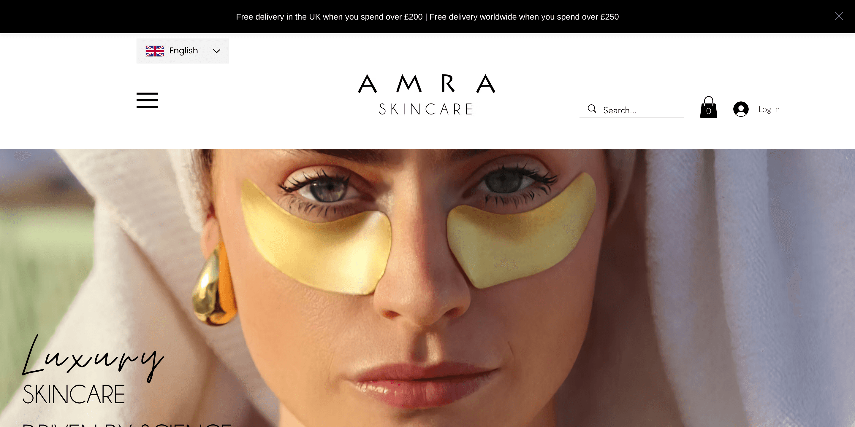 The Amra Skincare home page: “Luxury skincare driven by science”