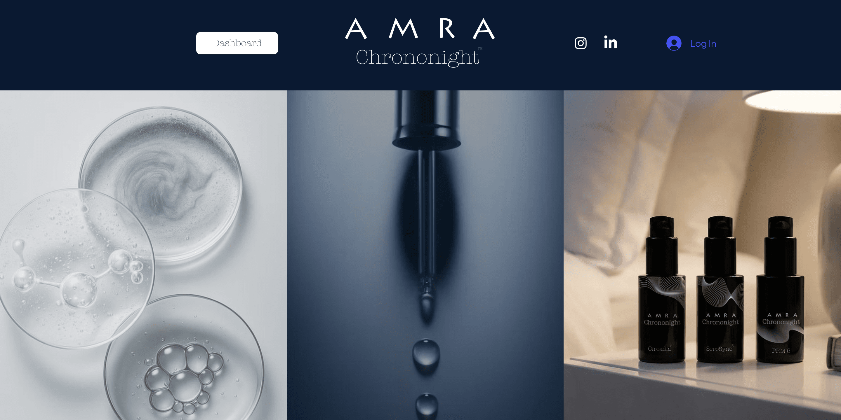 The Amra Chrononight home page, with the Chrononight serums under a navy header